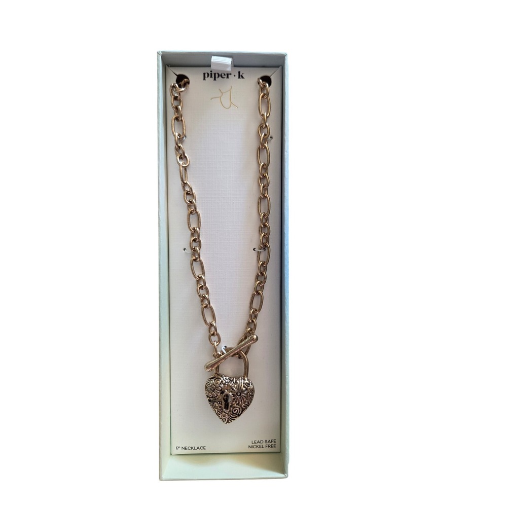Piper K Necklace Womens 17" Gold New Heart Padlock Floral Toggle Link Chain